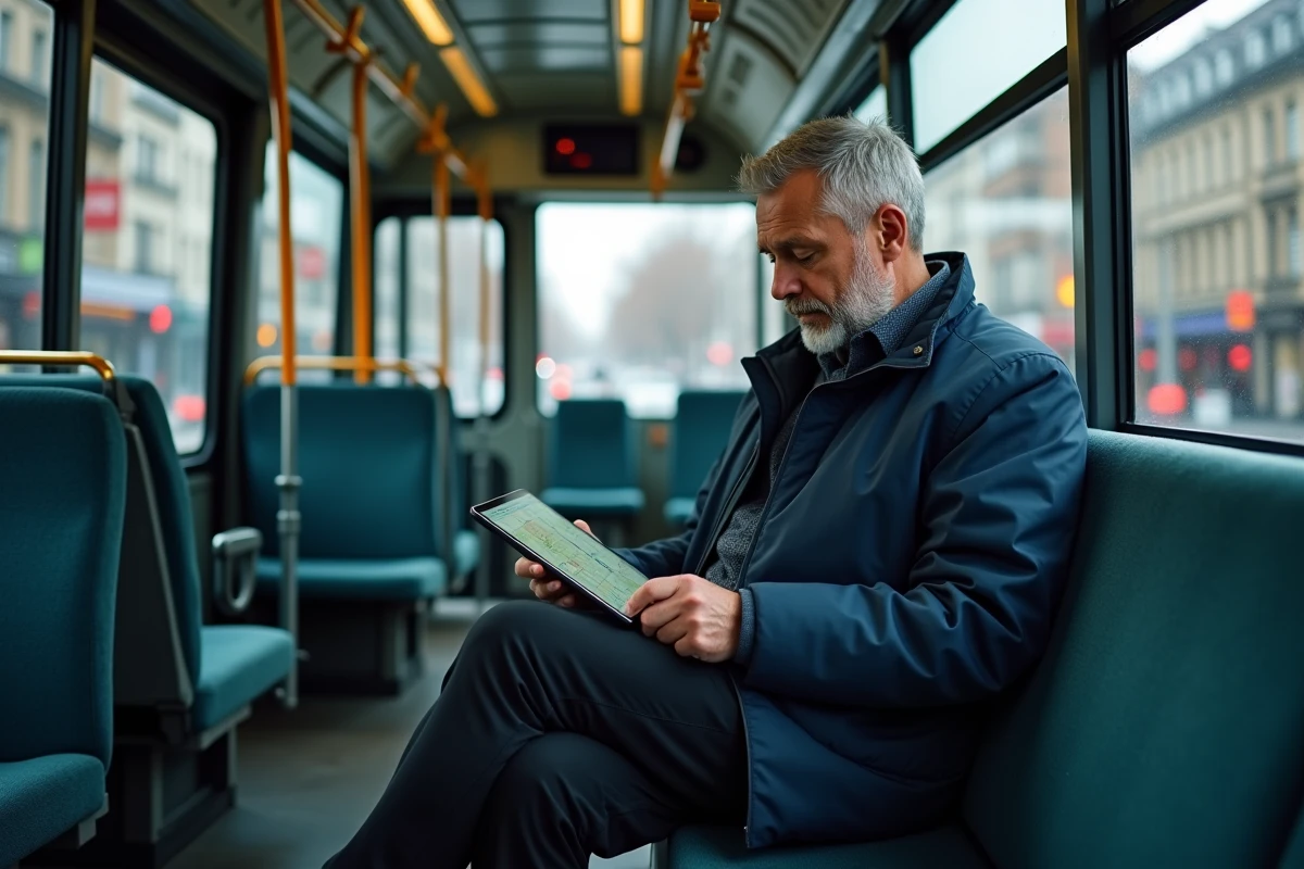 Passager consultant un plan de trajet interactif sur tablette à l'intérieur d'un bus de la ligne 92