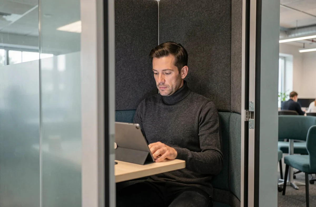 Personne utilisant une tablette dans une cabine privée d'un espace de coworking moderne