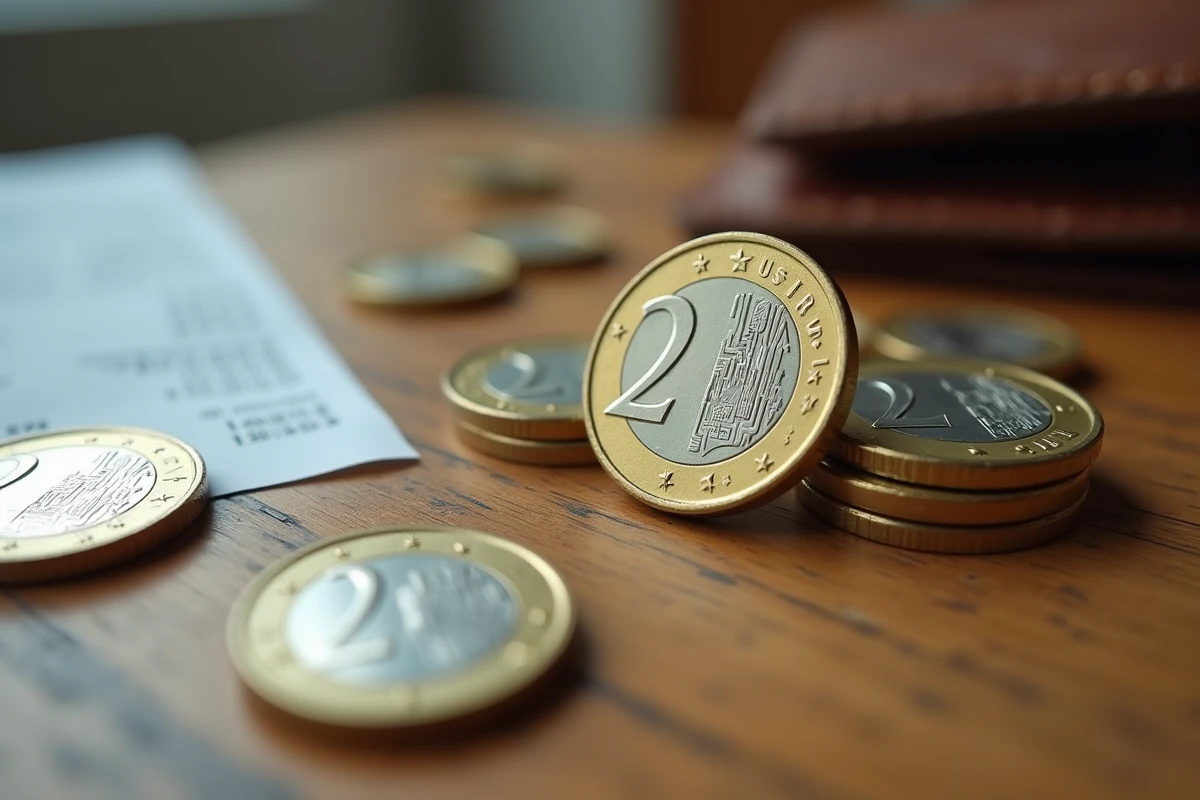 Pièces de 2 euros étalées sur une table en bois avec un reçu de caisse, dont une pièce rare bien visible