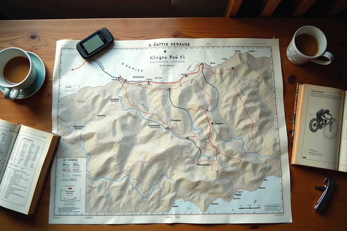 Planification d'itinéraire vélo sur carte IGN topographique avec profil de dénivelé et cols annotés dans un refuge de montagne