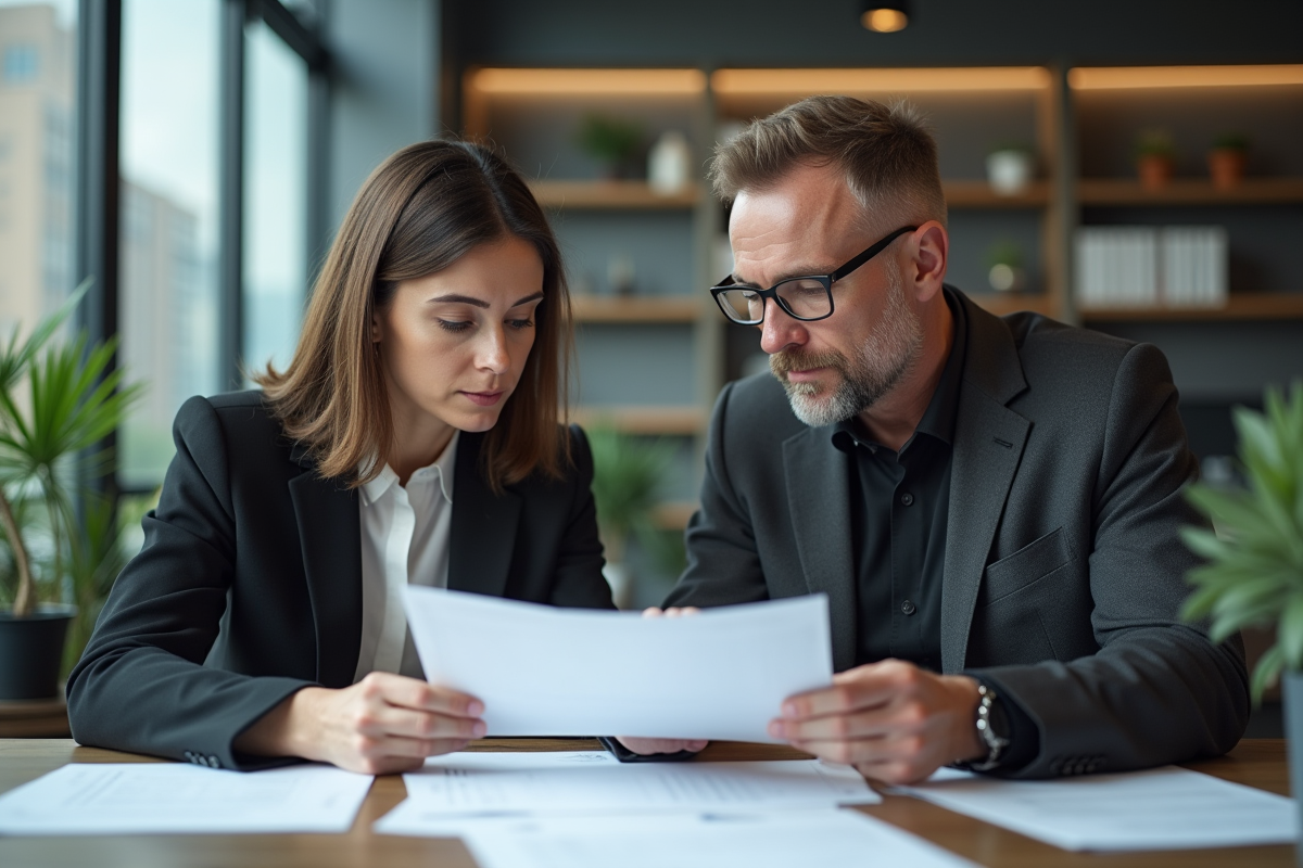 Homme et femme en réunion au bureau avec documents