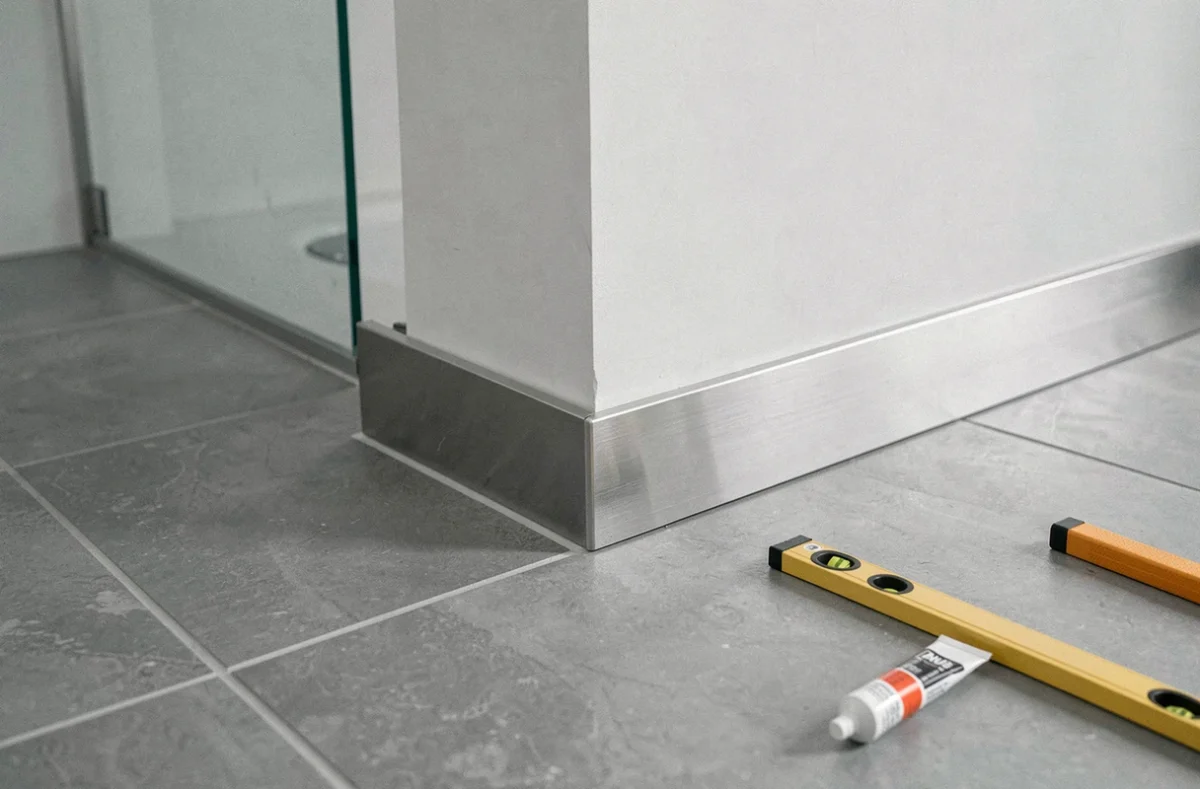 Profilé L en inox installé proprement à la jonction sol-mur dans une salle de bain moderne