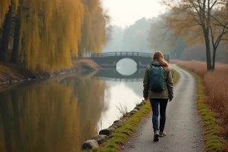 Femme se promenant sur le chemin de halage le long de la Sarre à Saralbe en automne