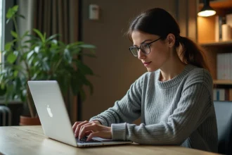 Femme consultant les paramètres de confidentialité sur un ordinateur portable dans un bureau à domicile moderne