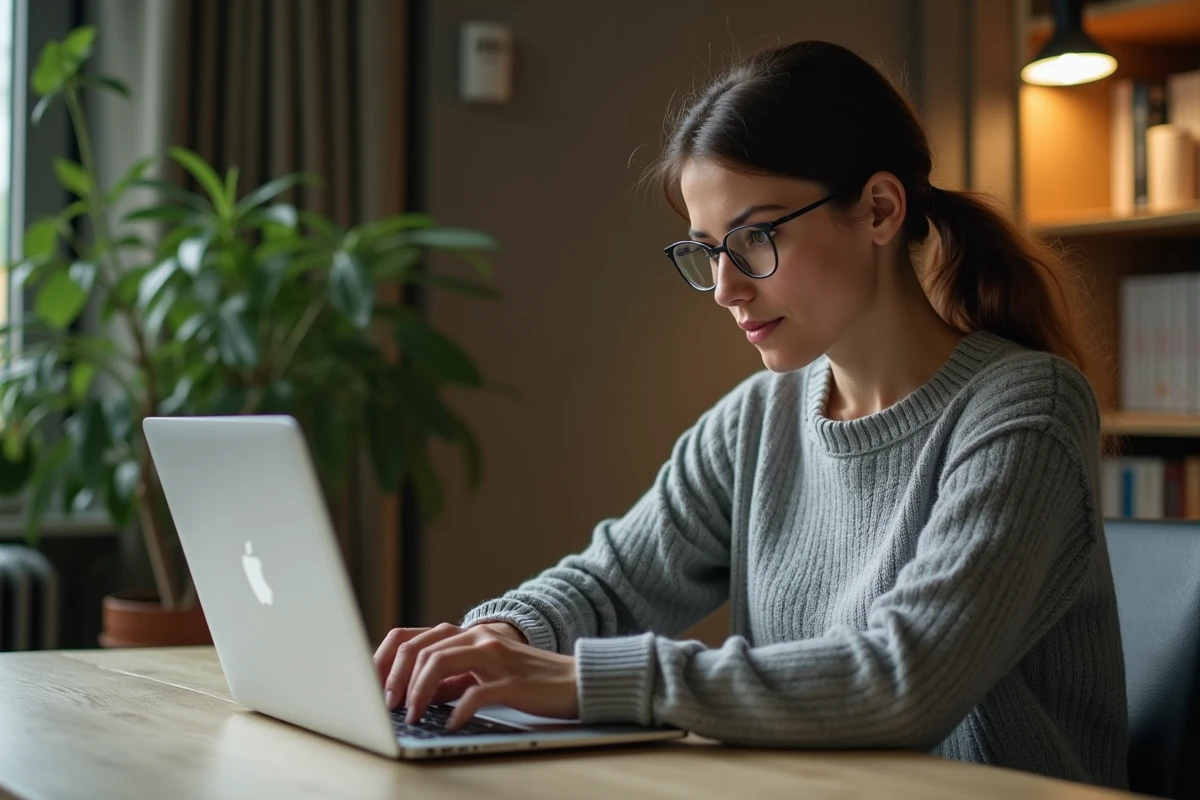 Femme consultant les paramètres de confidentialité sur un ordinateur portable dans un bureau à domicile moderne