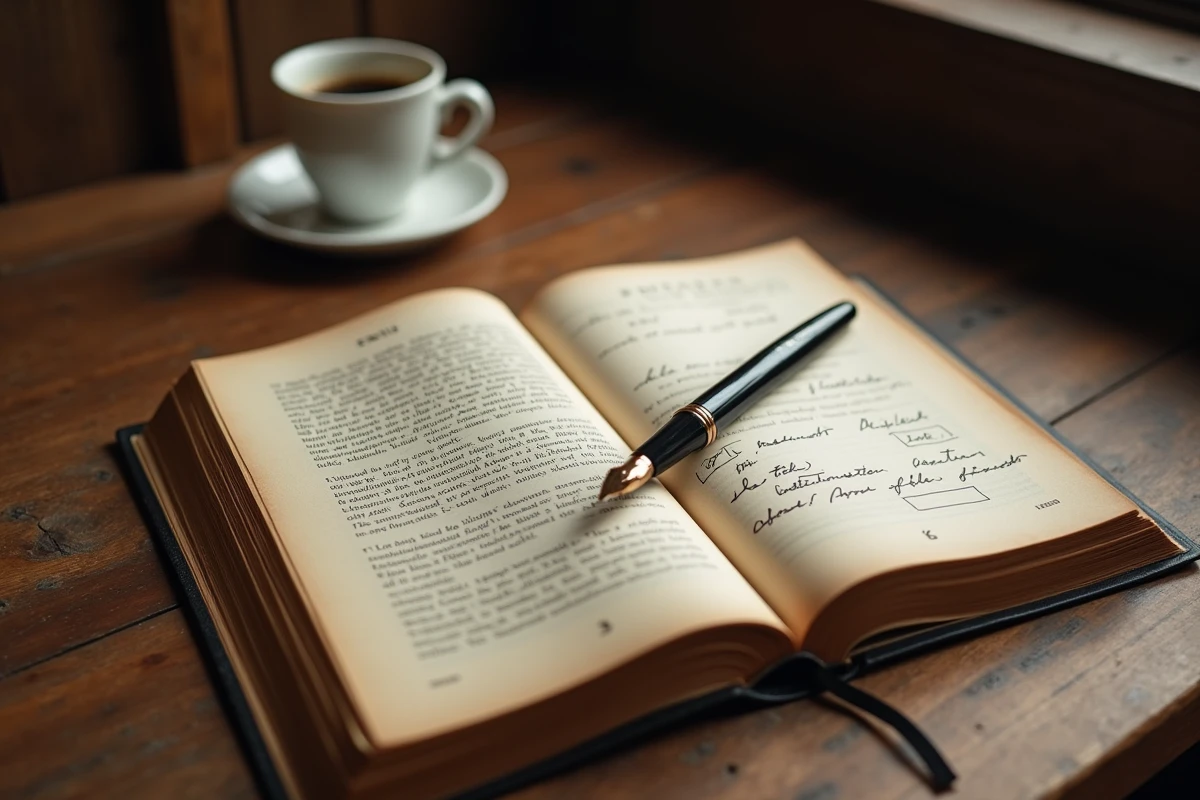Quatrième de couverture d'un livre ouvert posé sur une table avec un stylo plume et un document de pitch manuscrit annoté