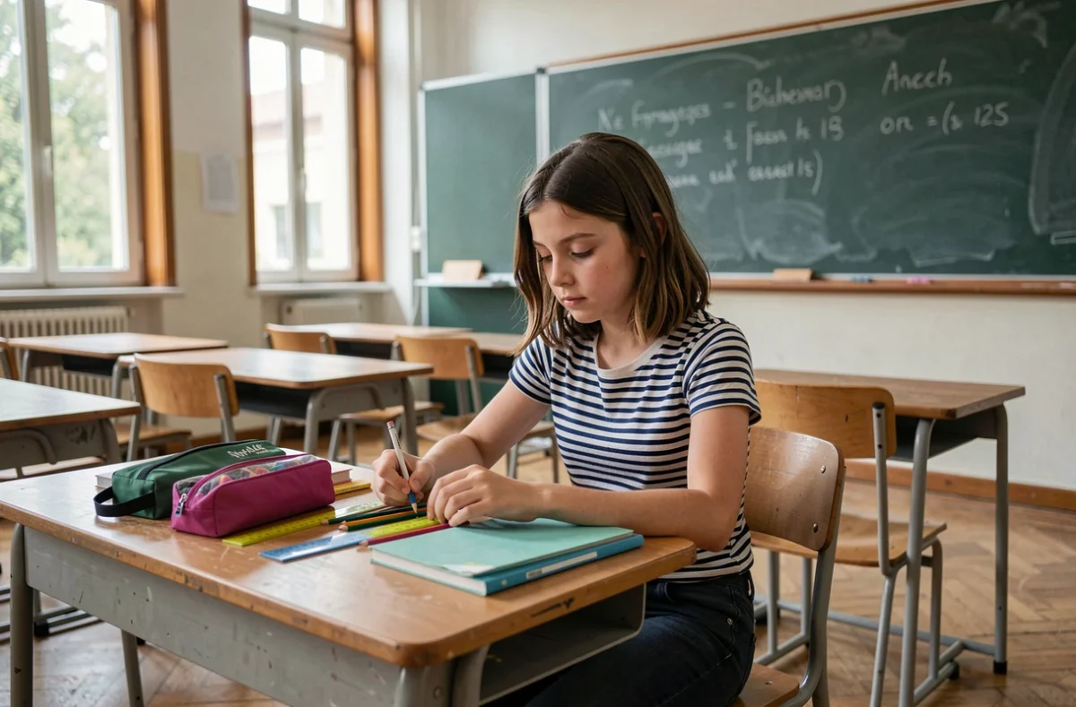 Collégienne qui prépare ses affaires scolaires dans une salle de classe française pour la rentrée 2026