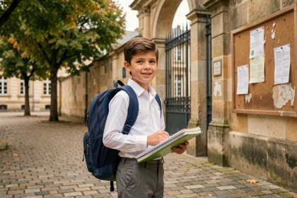 Écolier avec cartable devant l'entrée d'une école française pour la rentrée scolaire 2026
