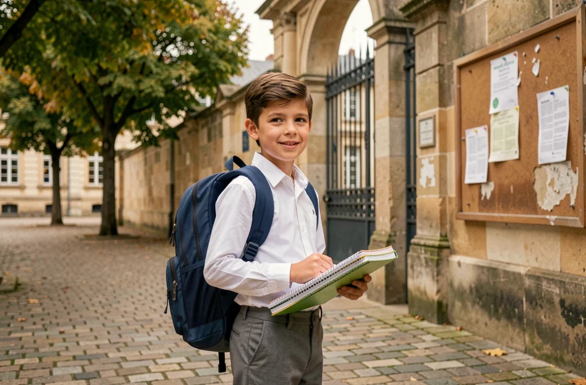 Écolier avec cartable devant l'entrée d'une école française pour la rentrée scolaire 2026