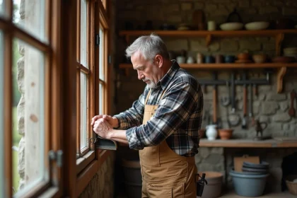 Homme d'âge moyen ponçant une fenêtre en bois ancienne dans une maison rustique