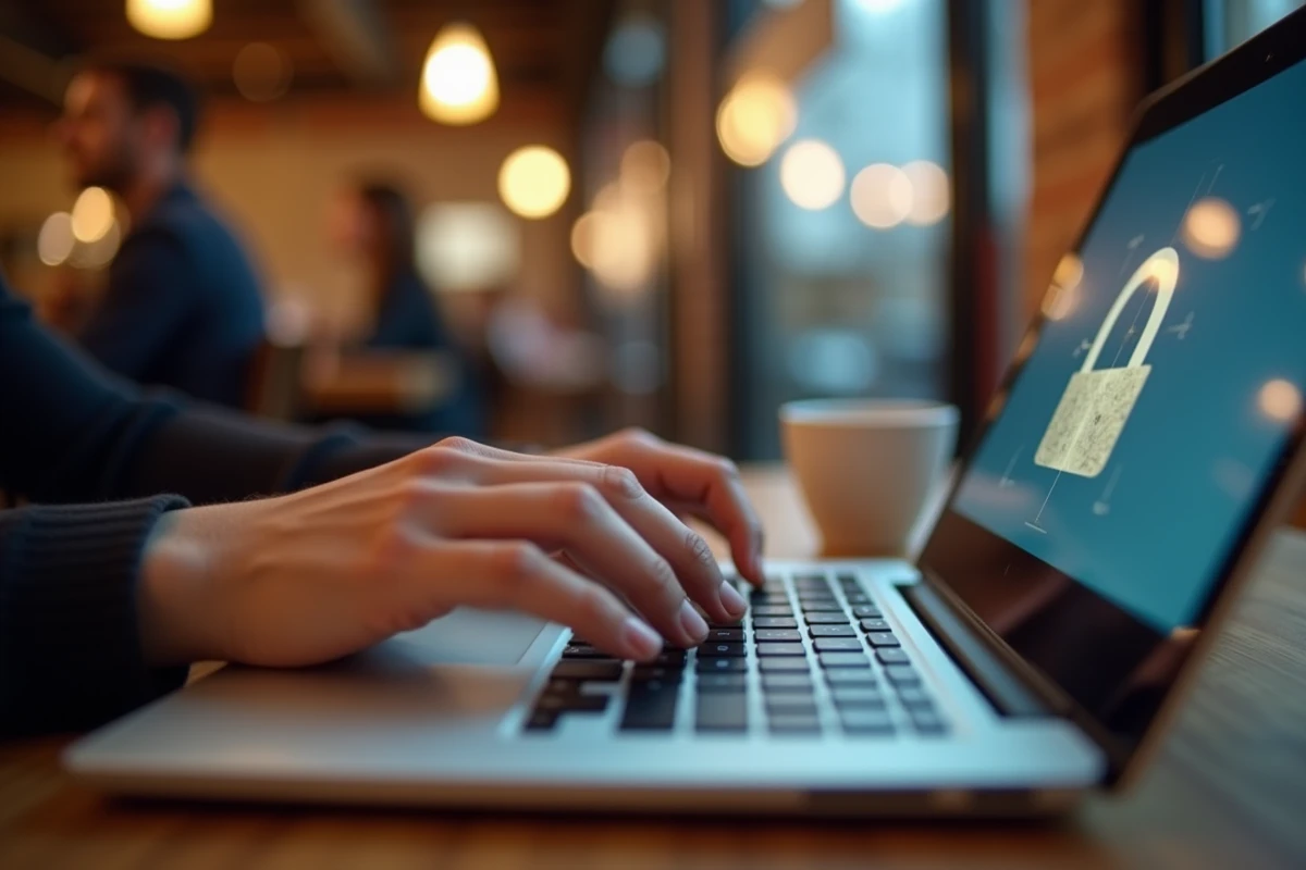 Gros plan de mains tapant sur un clavier d'ordinateur portable dans un café, symbolisant la protection des données en ligne
