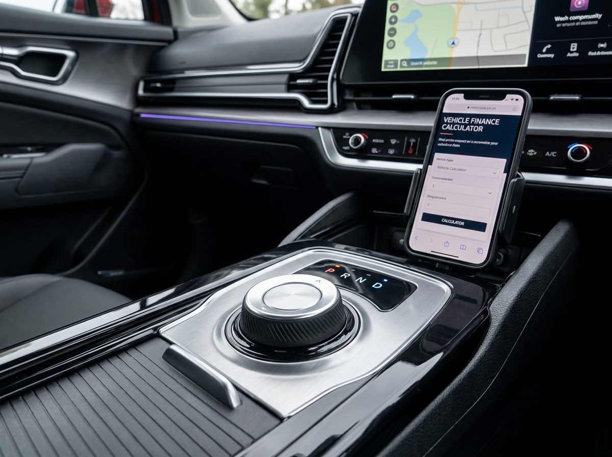Gros plan sur le sélecteur de boîte automatique d'un SUV moderne avec application de calcul de leasing sur smartphone