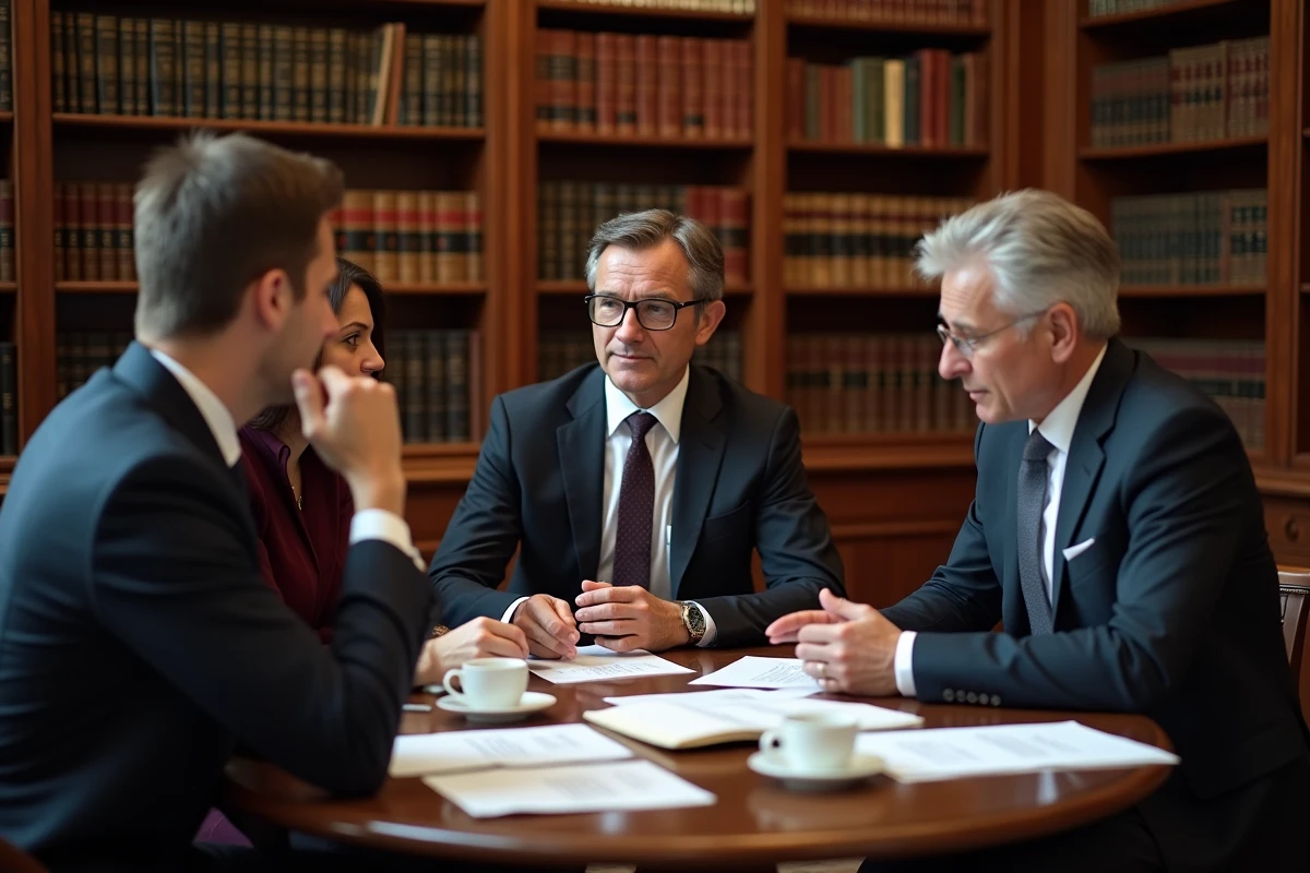 Groupe de juristes en discussion sur la jurisprudence transformative lors d'un séminaire parisien