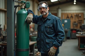 Soudeur professionnel à côté d'une bouteille de gaz acétylène sécurisée dans un atelier de soudure industriel