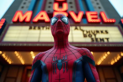 Cosplayer en costume Spider-Man devant une affiche de cinéma présentant les films Marvel Avengers