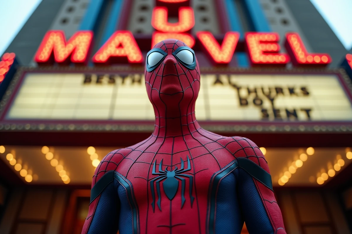 Cosplayer en costume Spider-Man devant une affiche de cinéma présentant les films Marvel Avengers