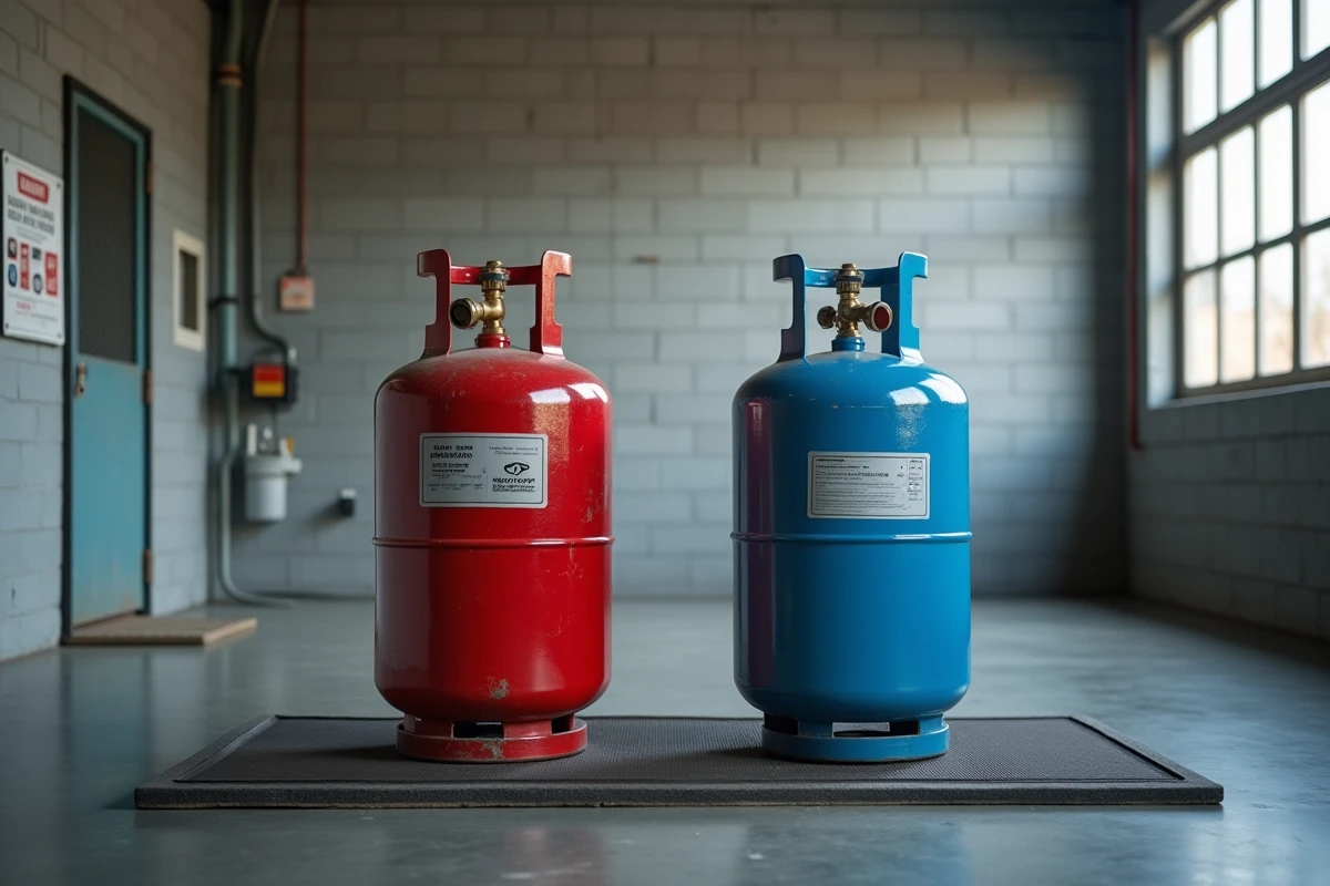 Bouteilles de gaz propane et oxygène stockées dans une zone de rangement sécurisée d'un atelier de métallurgie