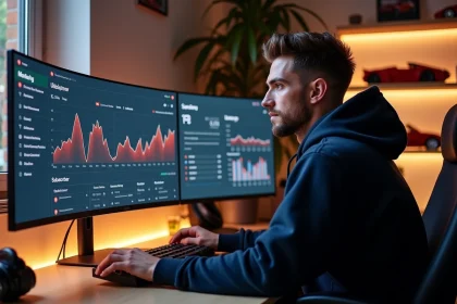 Créateur YouTube automobile analysant ses statistiques et sa stratégie de chaîne sur un écran d'analytique YouTube dans un studio home office
