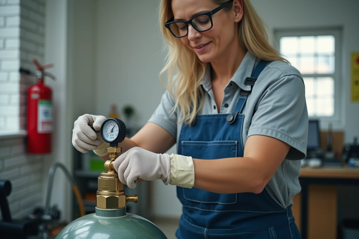 Technicienne ajustant un régulateur de pression sur une bouteille de gaz de soudure dans une salle de formation technique