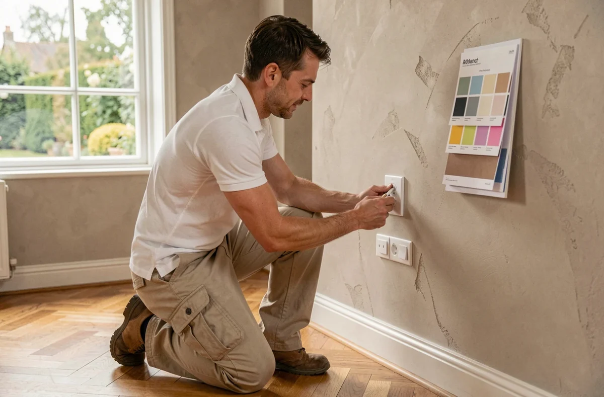 Artisan Tendance Habitat installant des prises décoratives dans une maison rénovée en Normandie