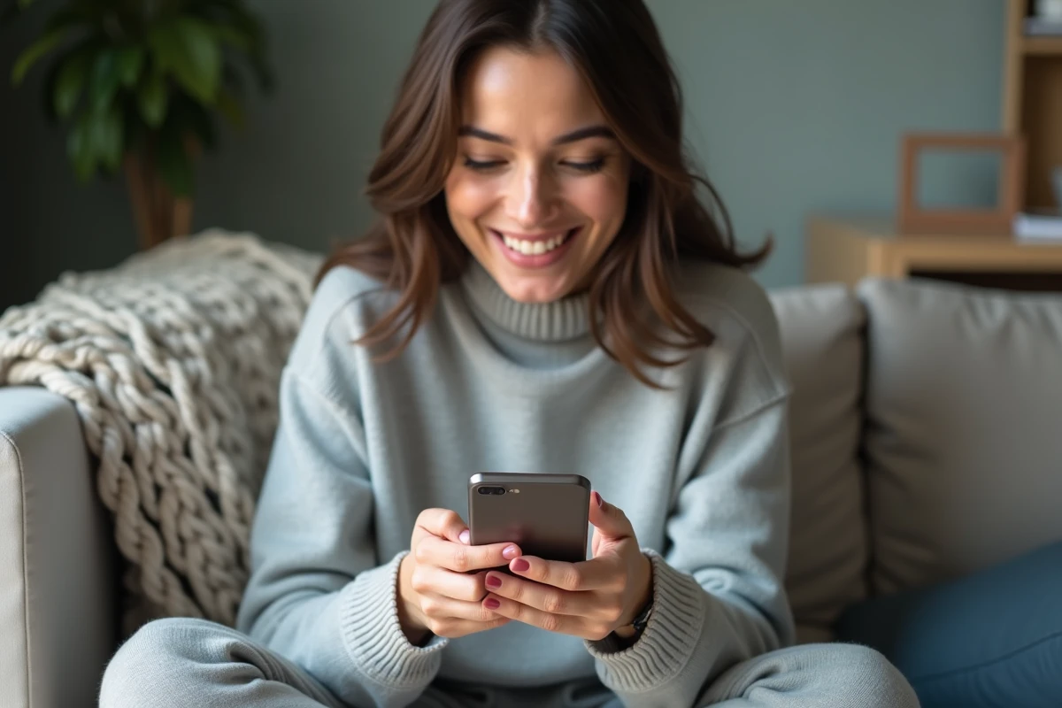 Femme souriante explorant les astuces du mini-jeu toupie Google sur smartphone dans un salon cosy