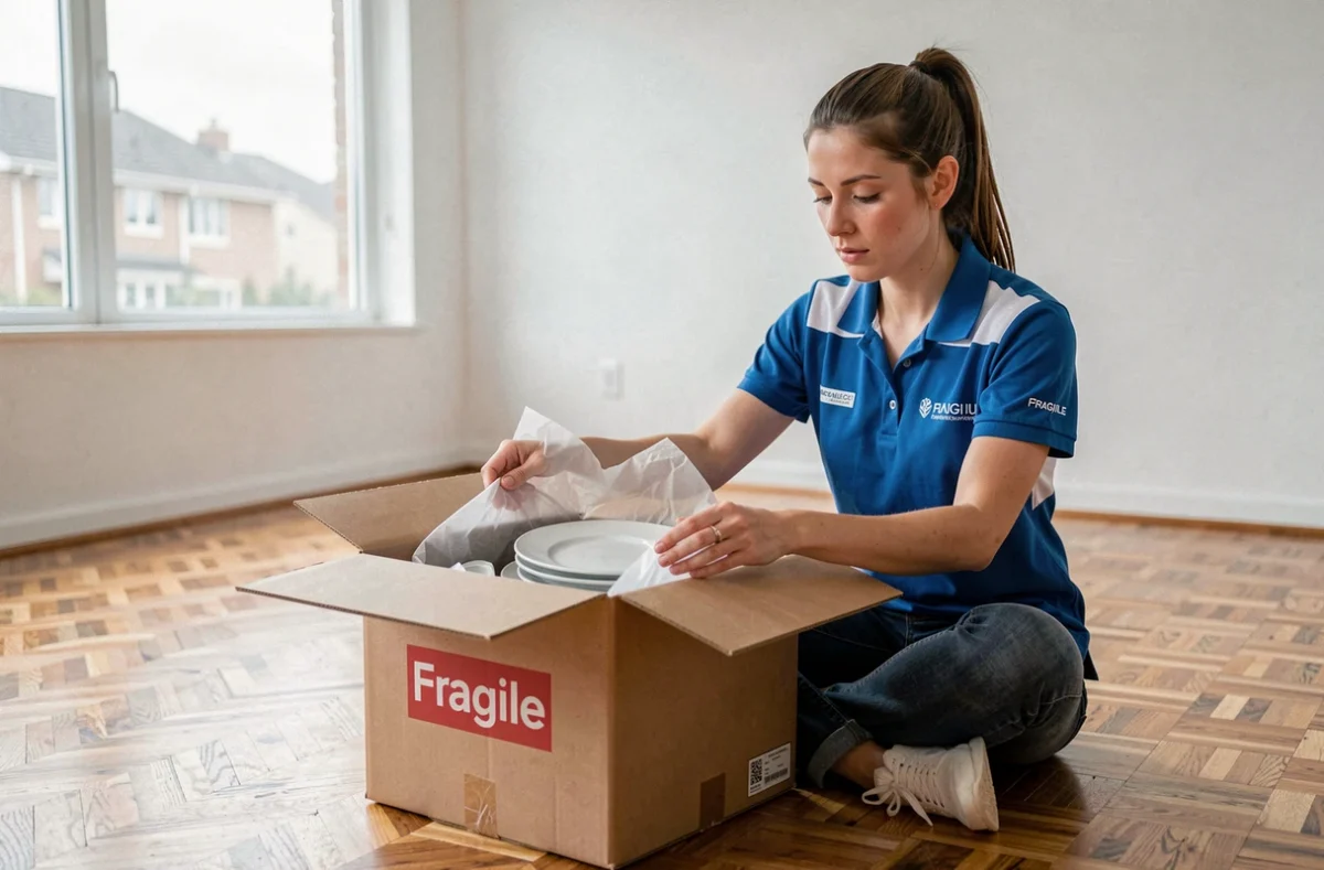 Déménageuse Transdem emballant soigneusement de la vaisselle fragile dans des cartons estampillés Fragile dans un appartement vide