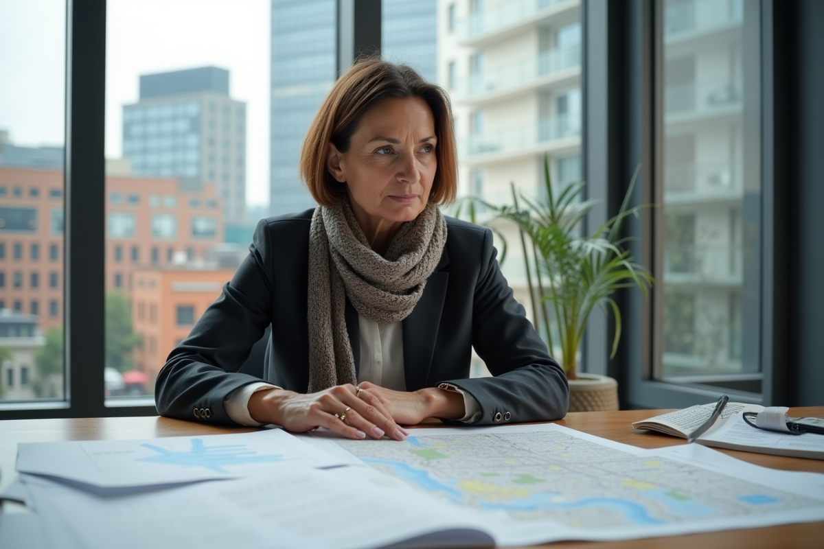 Urbaniste femme en bureau avec plans et documents