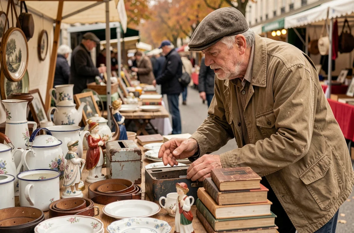 Vendeur à sa table de braderie avec objets chinés et brocante dans le Nord