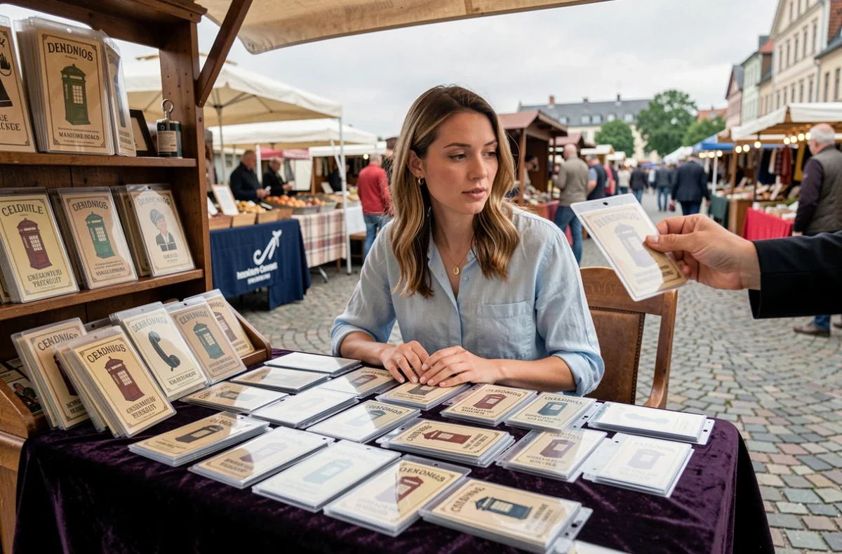 Femme vendant des cartes téléphoniques anciennes sur un stand de marché aux puces en plein air