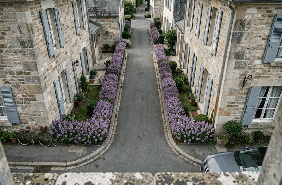 Vue plongeante d'une impasse typique avec maisons en pierre et haies de lilas dans une commune de France