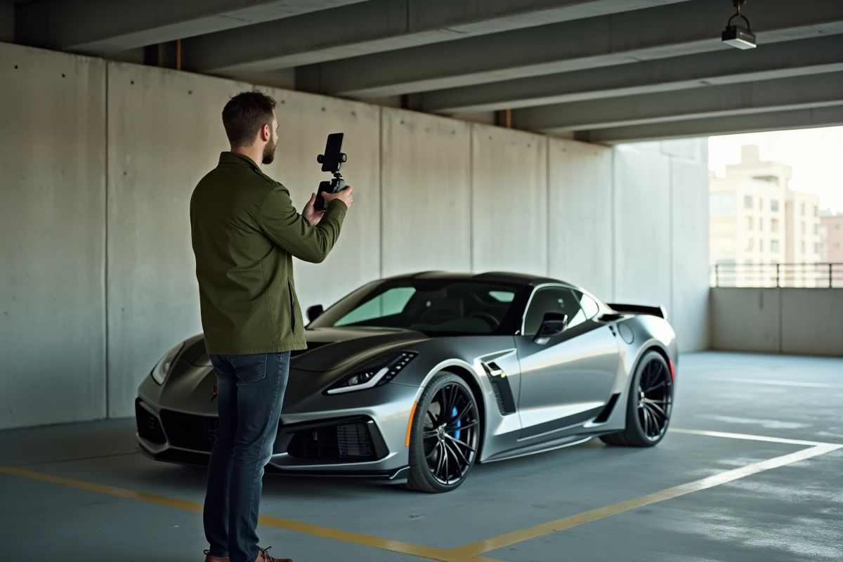 Youtubeur automobile filmant une vidéo de présentation de voiture en extérieur dans un parking urbain avec un smartphone et un gimbal
